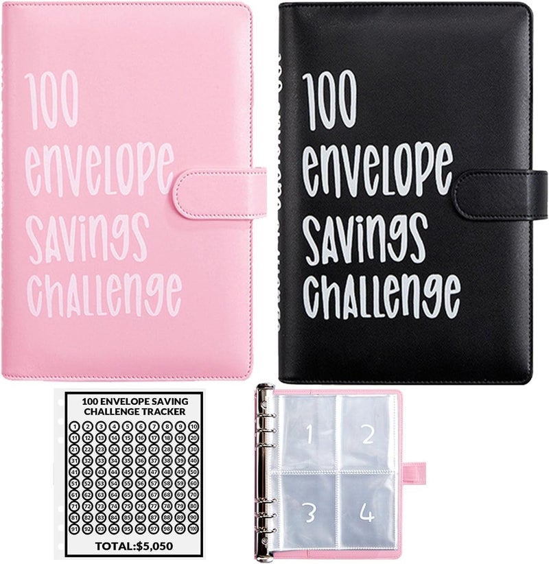 POUYRBA 100 Envelope Challenge Binder, Easy and Fun Way for 100 Envelopes Money Saving Challenge Budget Binder with Cash Envelopes for Budgeting (2 pcs (Black and Pink)) - Image 1